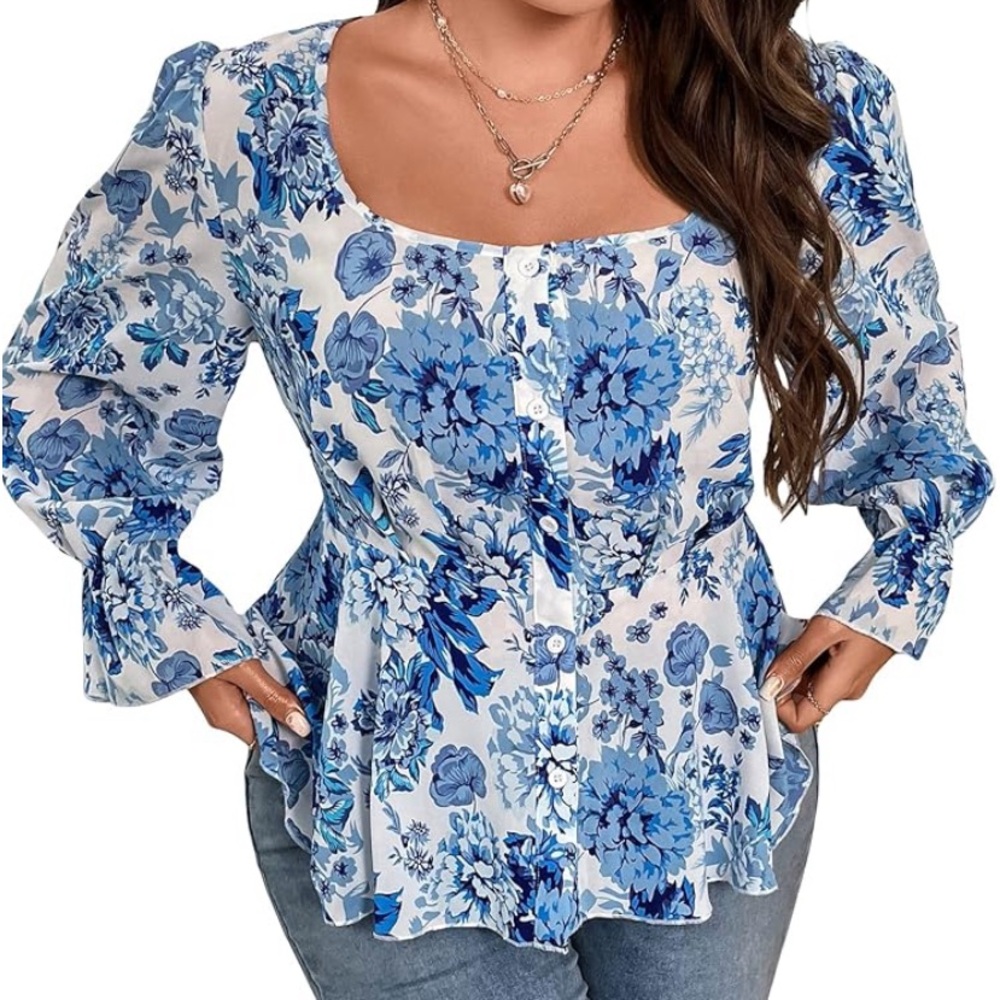 Women's Plus Size Floral Flounce Long Sleeve Button Front Peplum Blouse Top  1XL